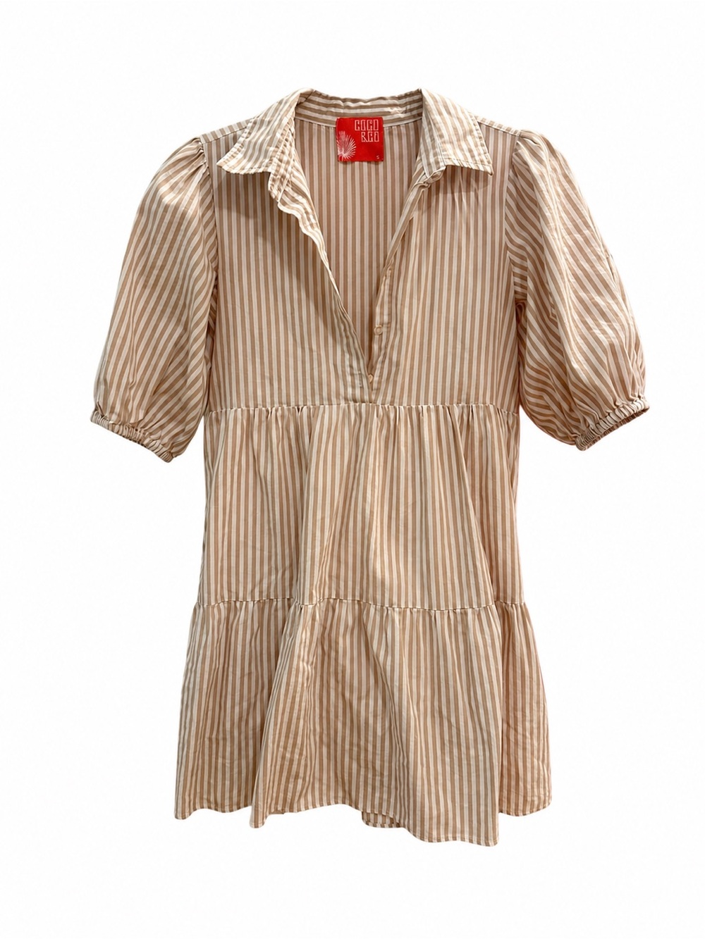 Olivaceous Beige Stripe Collared Puff Sleeve Tiered Mini Dress Size Small